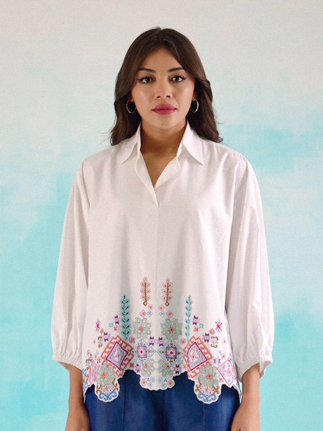 

BETRUE Women Solid Embroidered Oversized Casual Shirt, White