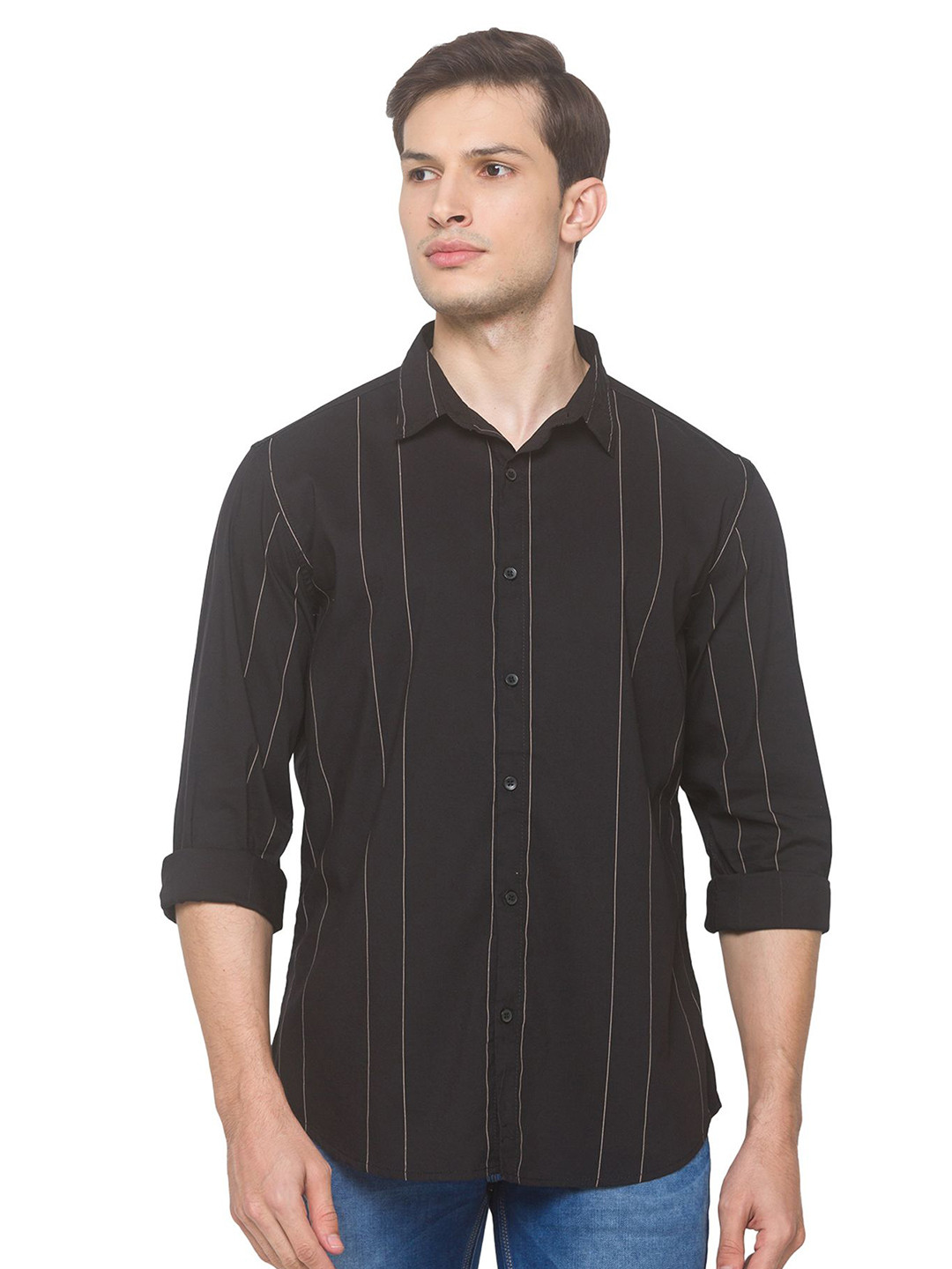 

SNX Men Spread Collar Vertical Striped Cotton Tailored Fit Casual Shirt, Black