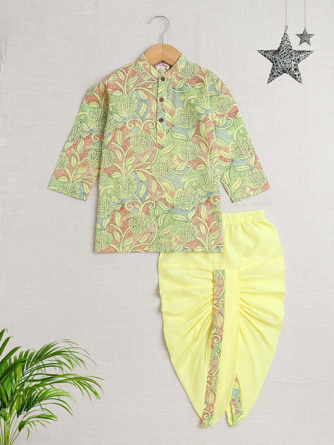 

The Magic Wand Boys Floral Printed Band Collar Regular Pure Cotton Kurta With Dhoti Pant, Yellow
