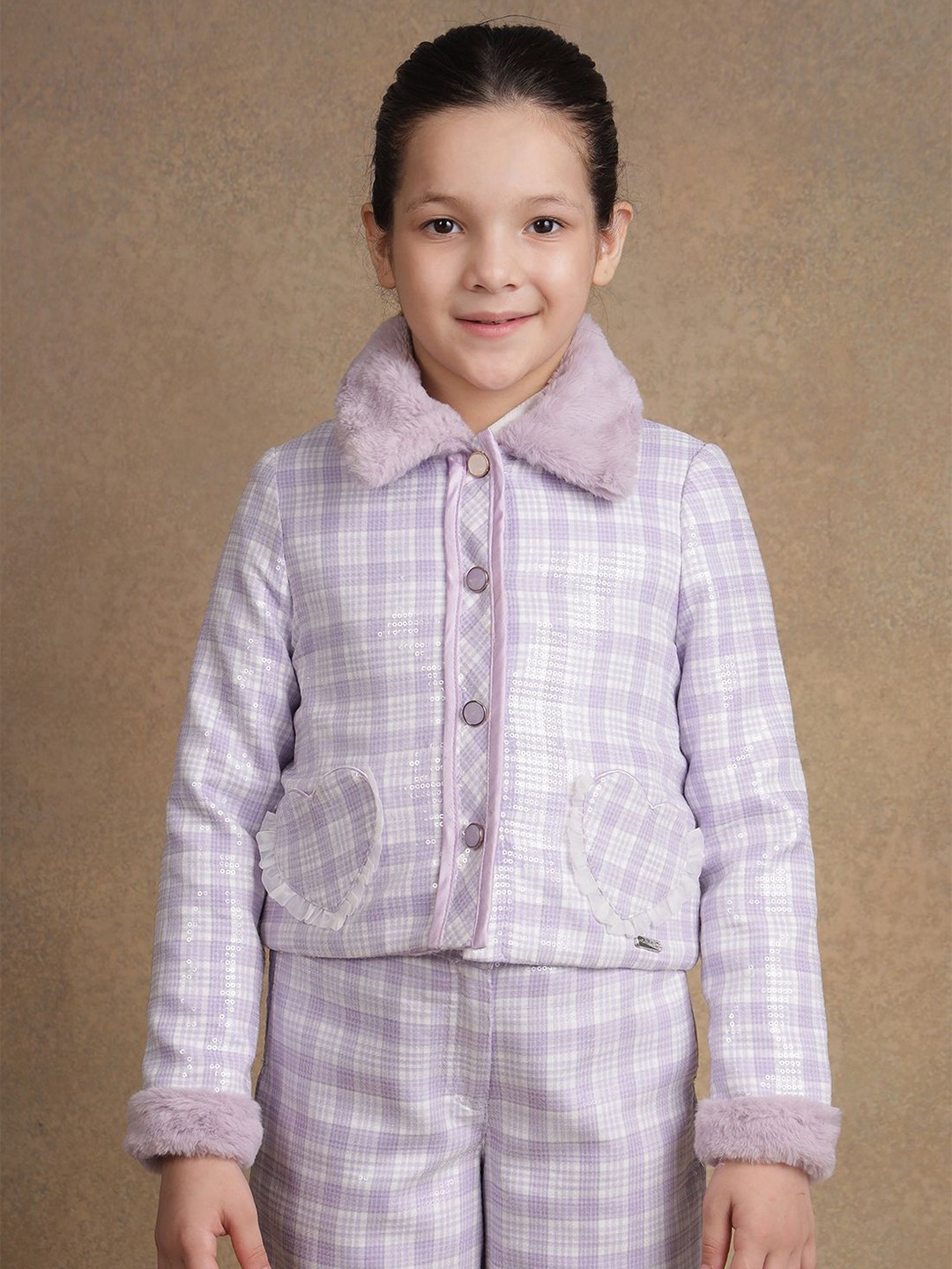 

One Friday Girls Spread Collar Checked Casual Open Front Jacket, Purple