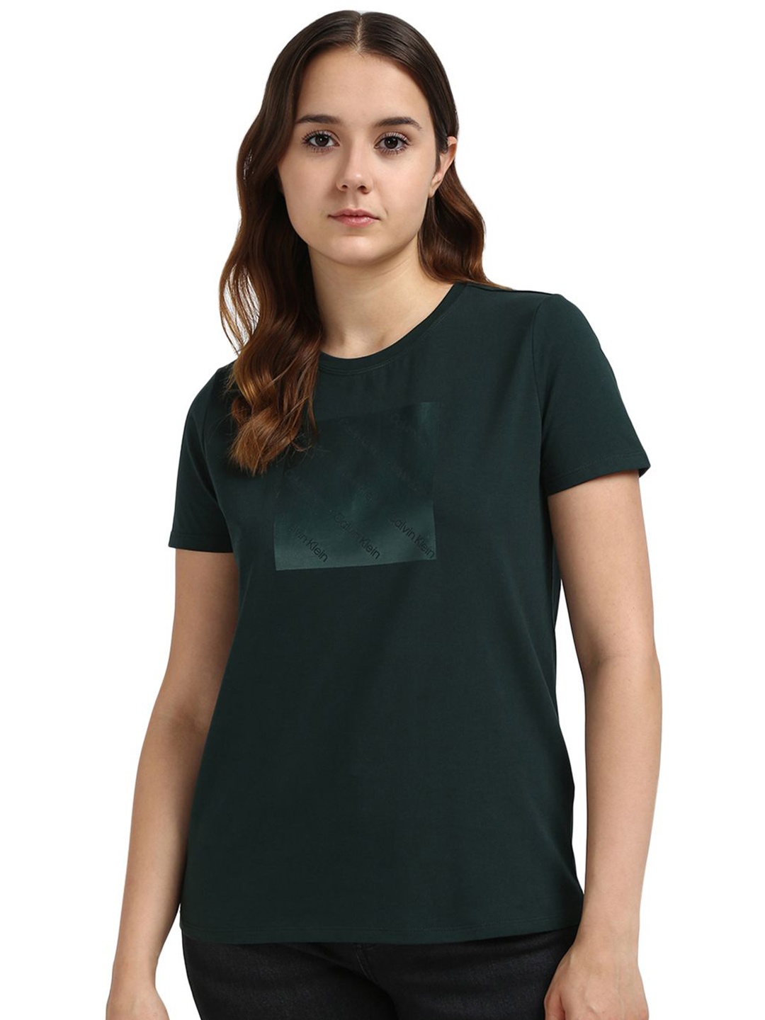 

Calvin Klein Jeans Women Graphic Printed Round Neck Cotton T-shirt, Green