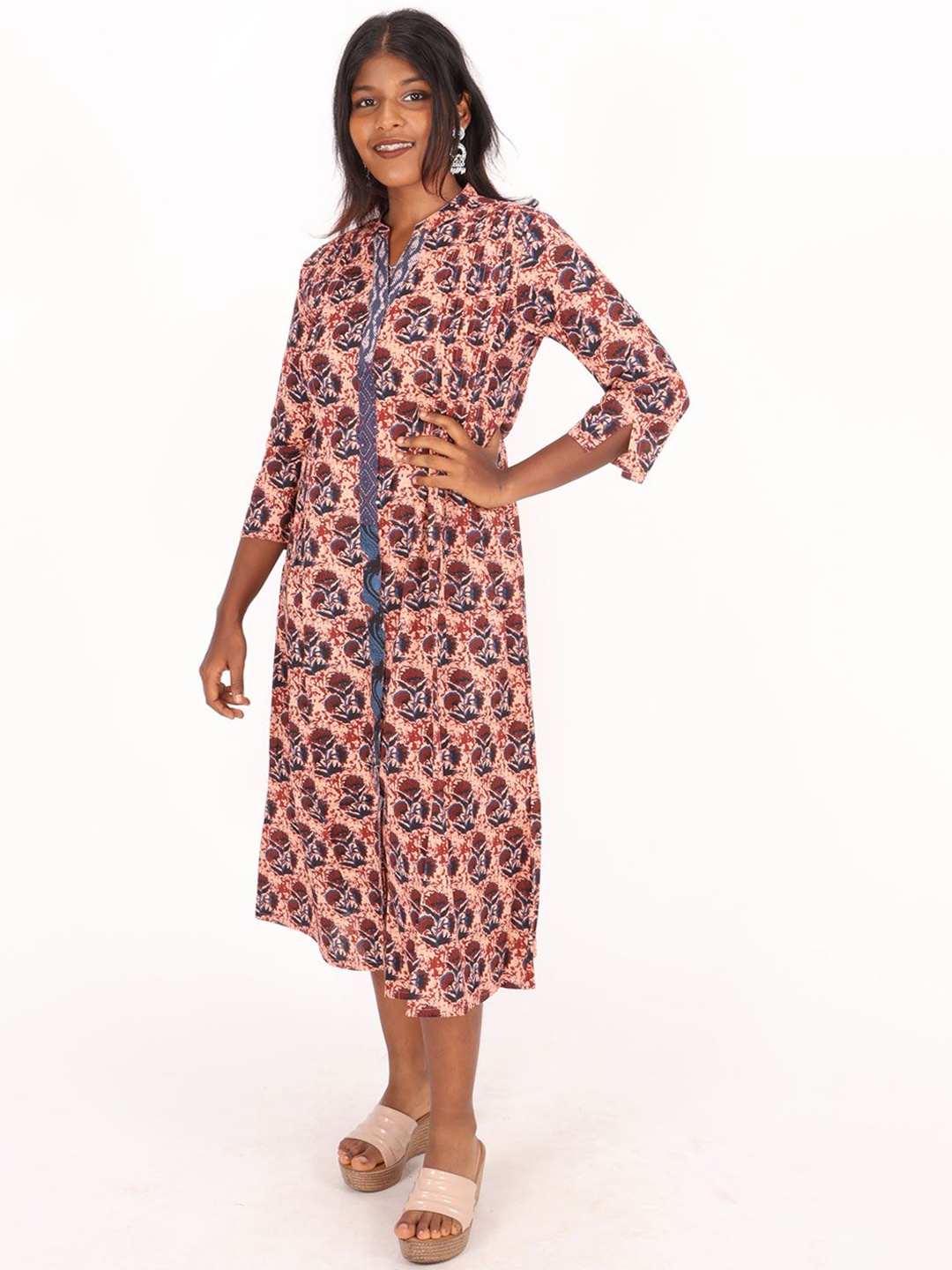 

Avishya Floral Printed Mandarin Collar Pure Cotton A-Line Dress, Beige