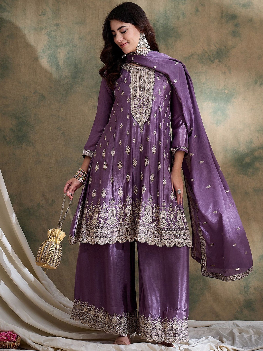 

Miss Ethnik Ethnic Motifs Embroidered Regular Thread Work Kurta with Palazzos & Dupatta, Purple