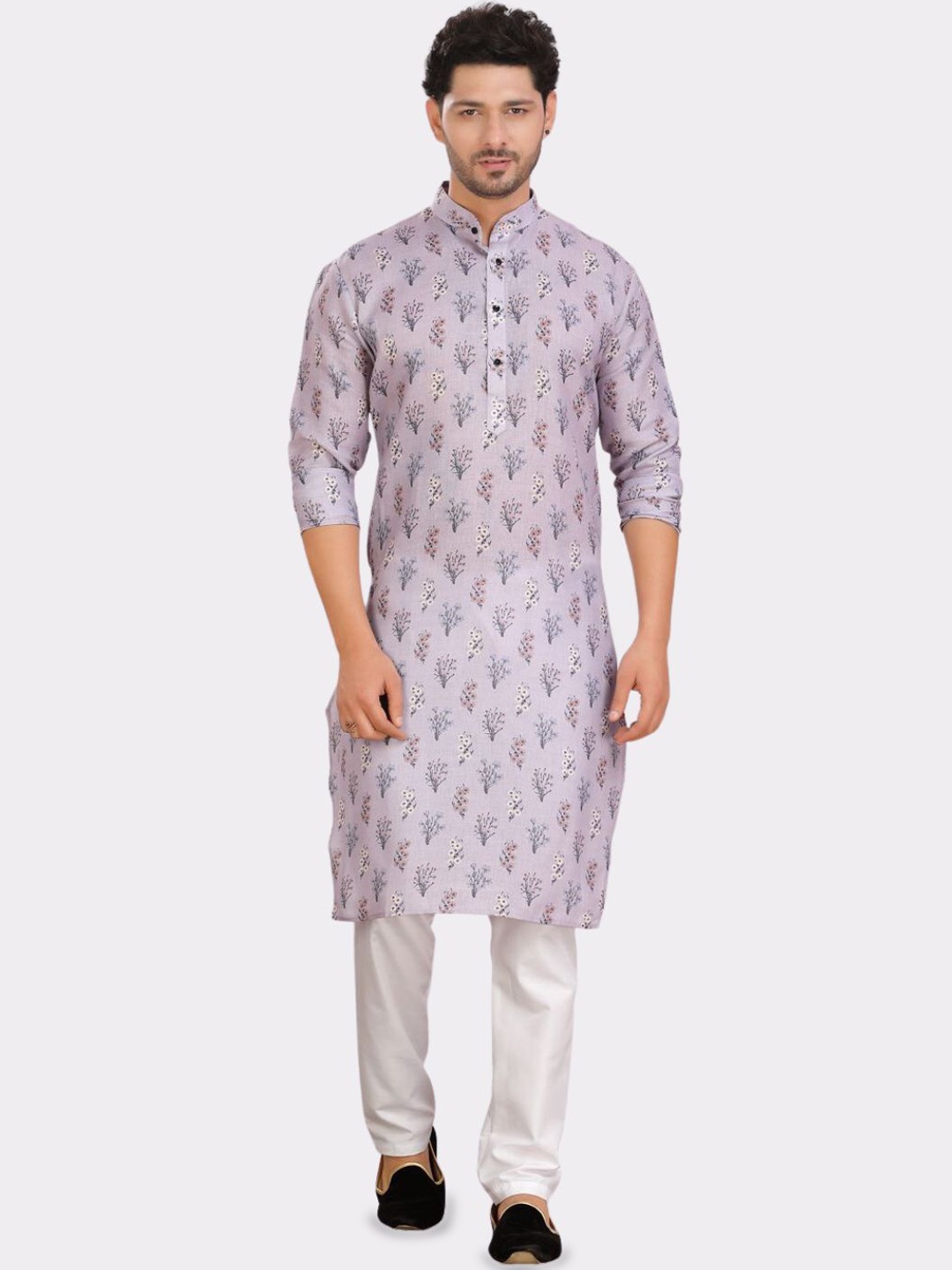 

ENCINO Floral Printed Band Collar Straight Kurta, Purple