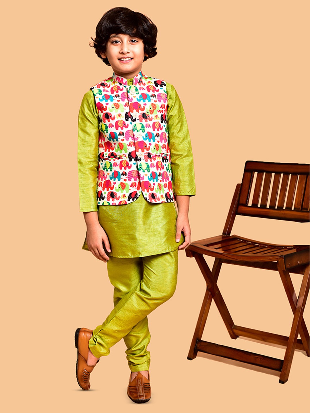 

PRINTCULTR Boys Mandarin Collar Straight Kurta with Churidar & Nehru jacket, Lime green