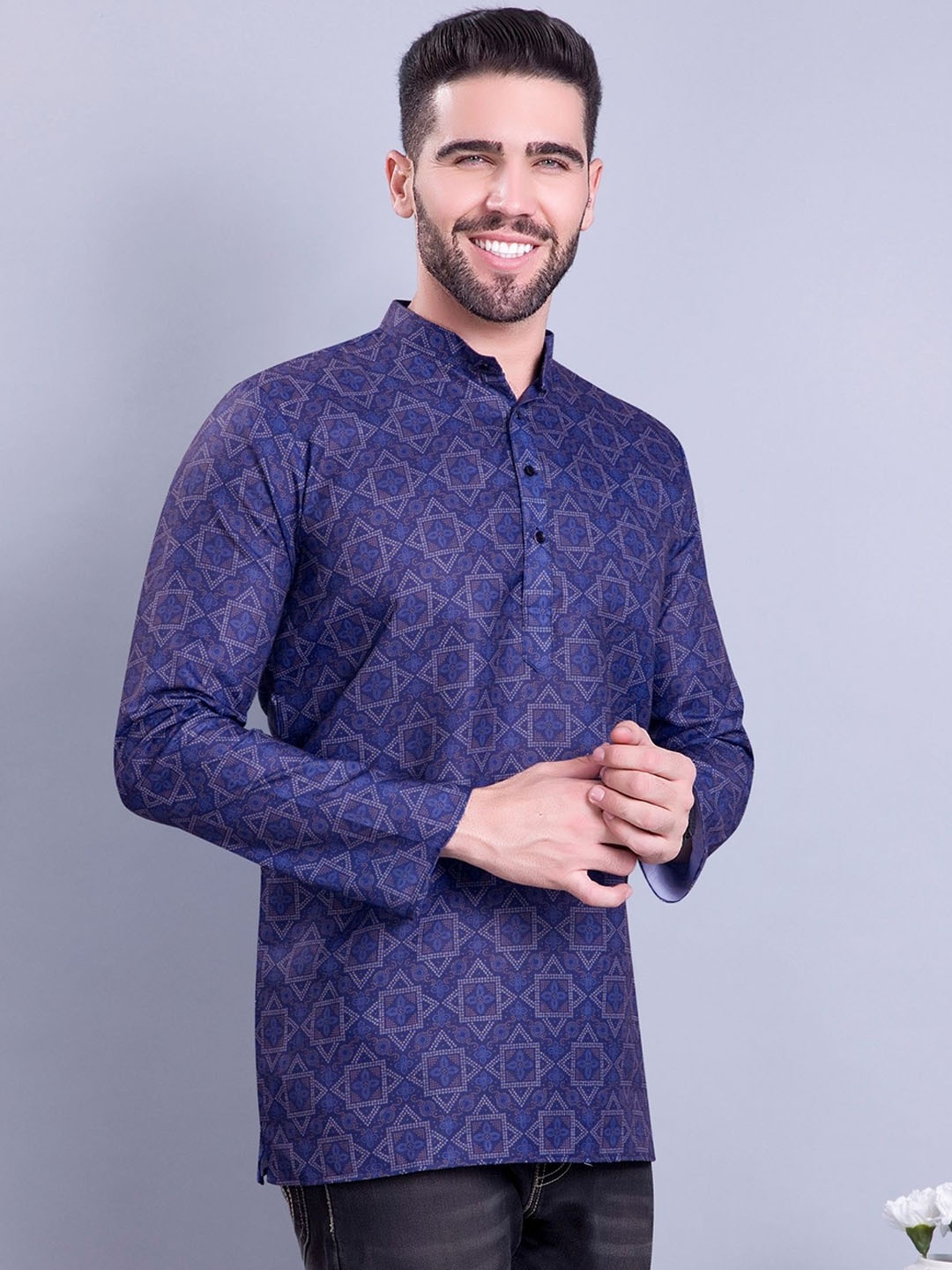 

ENCINO Bandhani Printed Band Collar Short Cotton Kurta, Blue