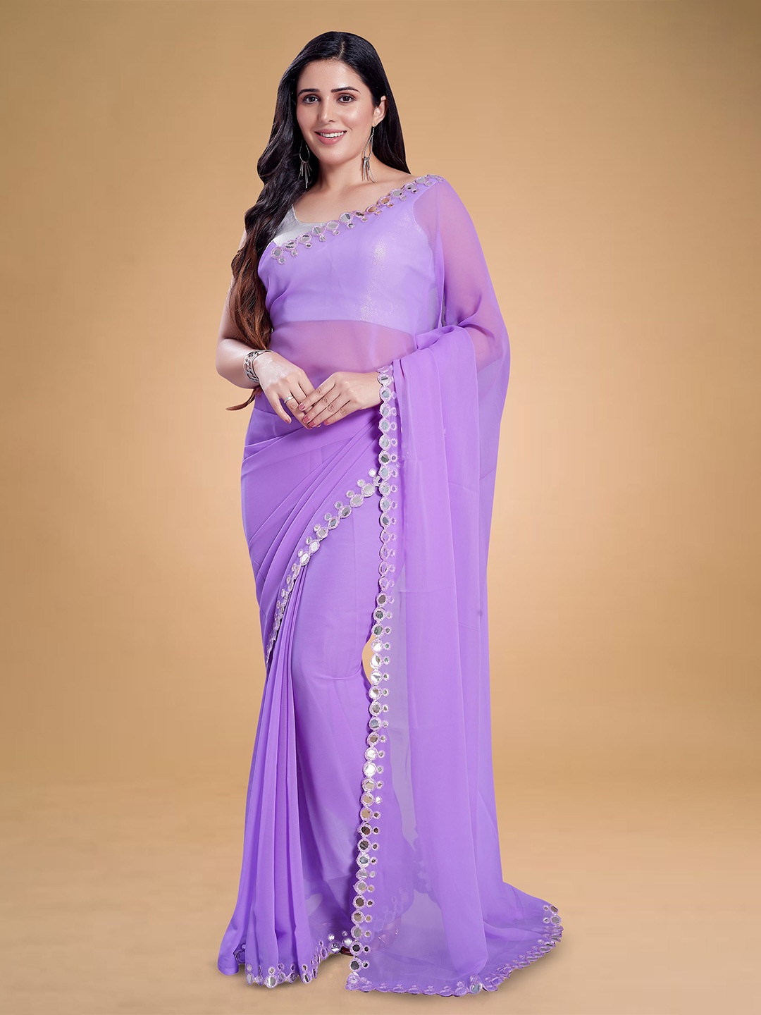 

Rani Saahiba Solid Mirror Work Saree, Purple