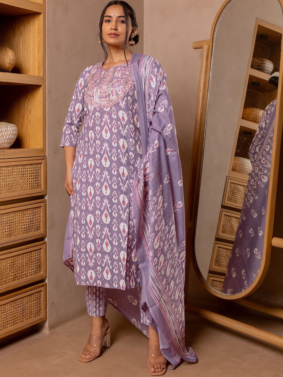 

KALINI Ethnic Motifs Printed Sequinned Kurta With Trousers & Dupatta, Lavender