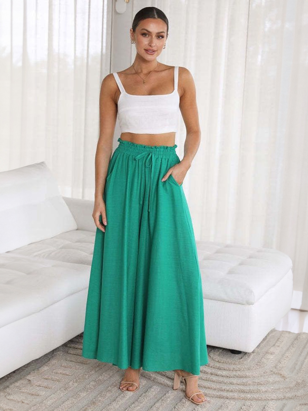 

KPOP Women Solid Wide Leg Palazzos, Green