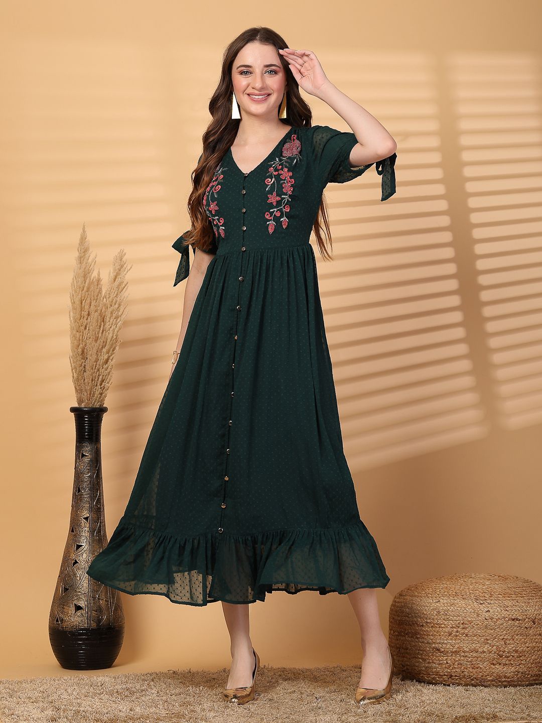 

ARDITA Women Embroidered Puff Sleeve Chiffon Fit and Flare Maxi Dress, Green