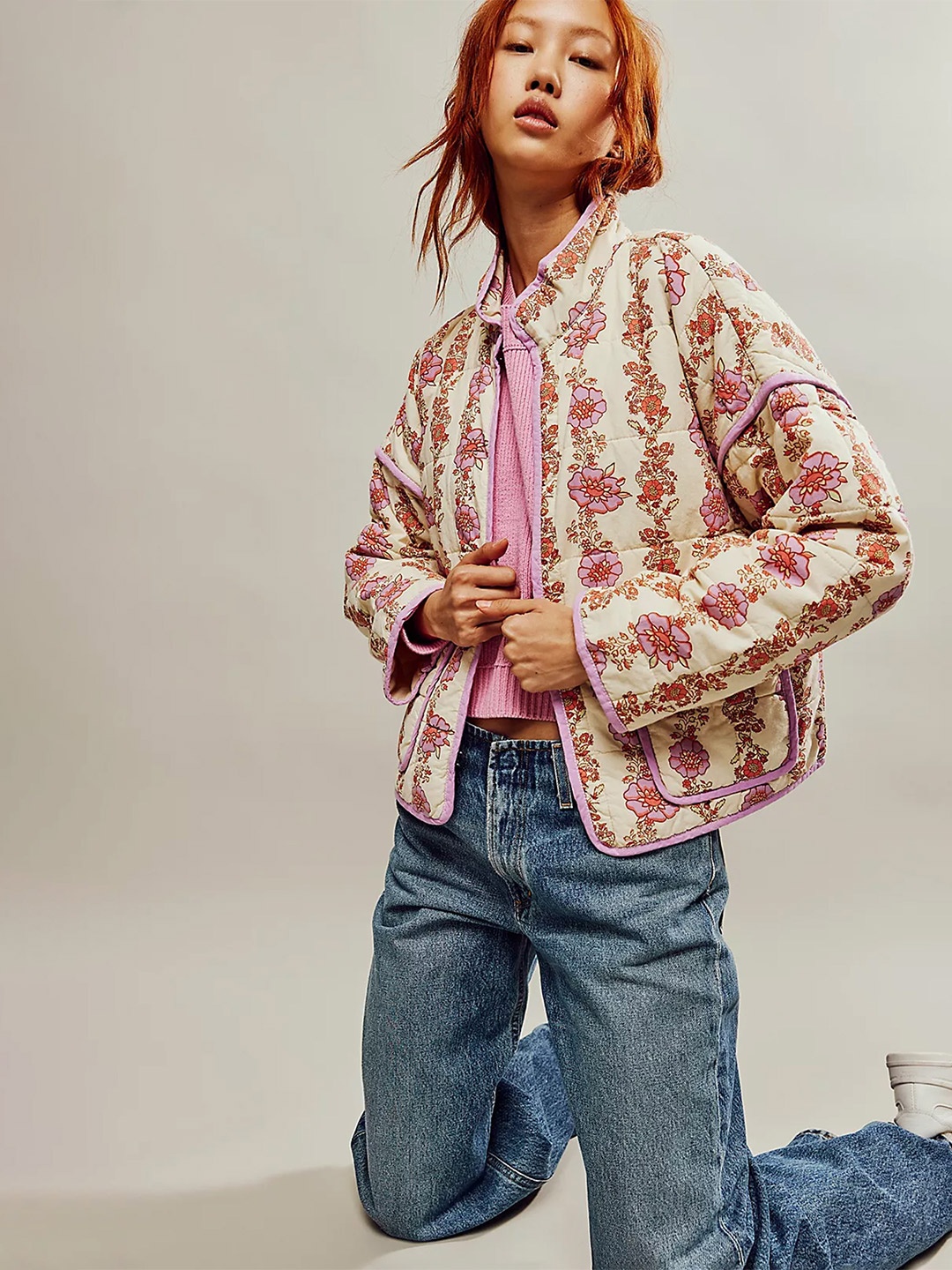 

LULU & SKY Women Mandarin Collar Floral Printed Casual Open Front Jacket, Cream