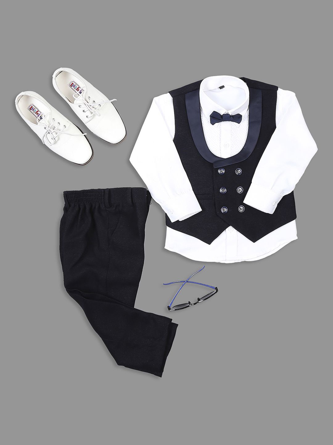 

YK Kids-Boys 4 Pcs Self-Design Double-Breasted Party Suits, Navy blue