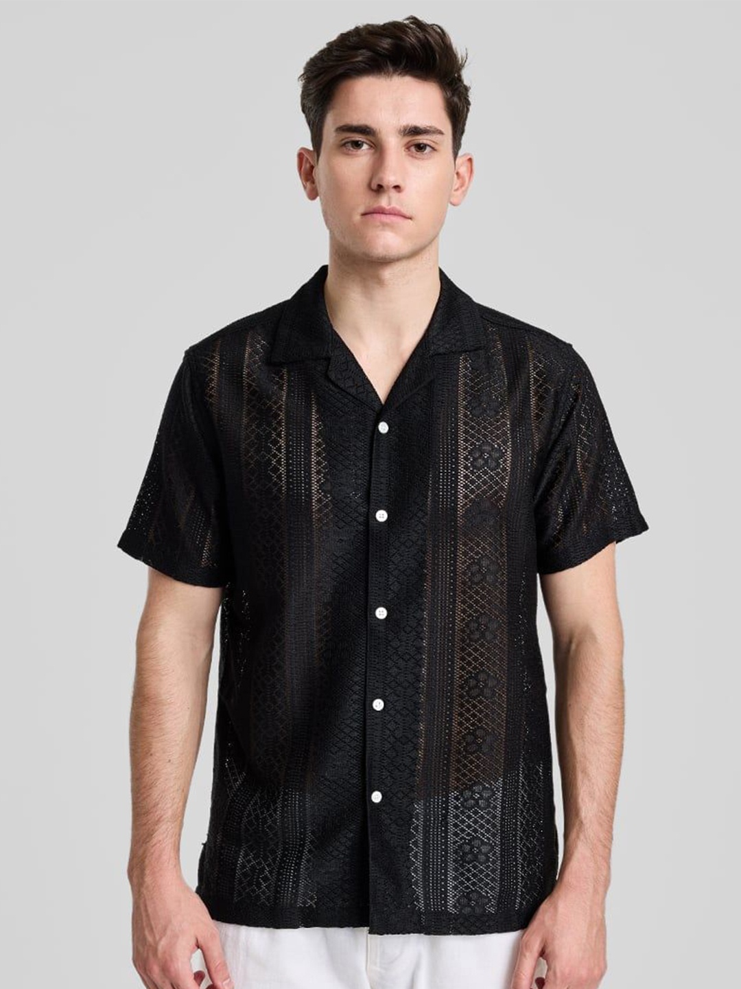 

Snitch Men Smart Cuban Collar Floral Printed Slim Fit Casual Shirt, Black