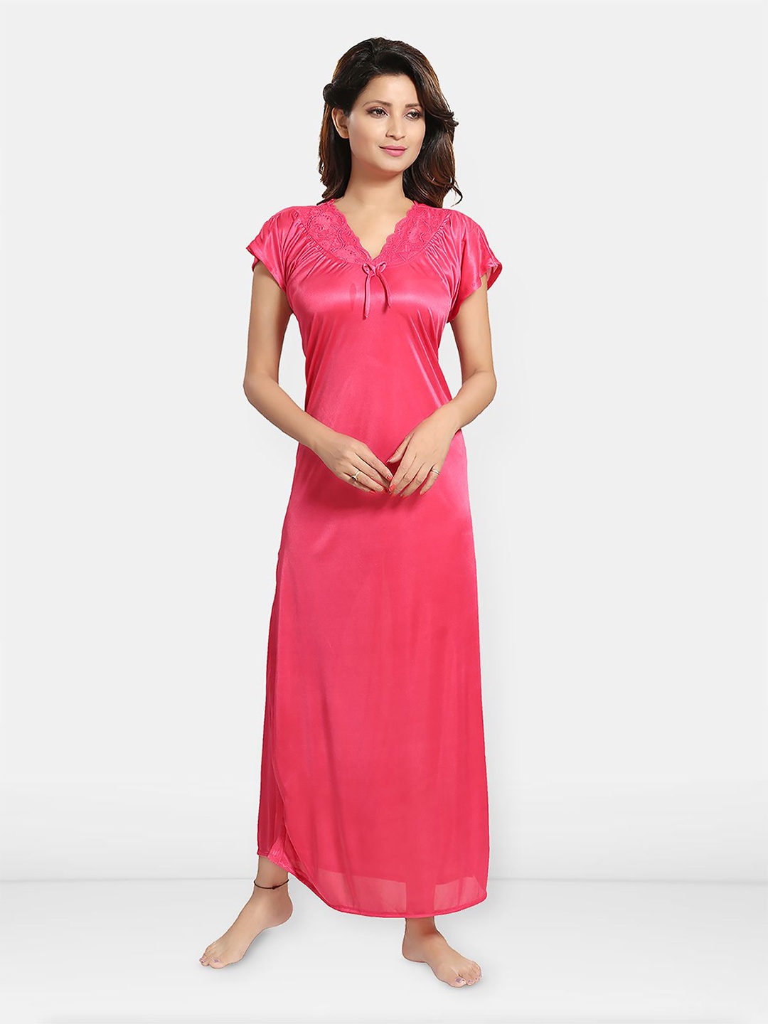 

Be You Satin Solid Night Gown / Nighty For Women, Maxi Nightdress, Pink