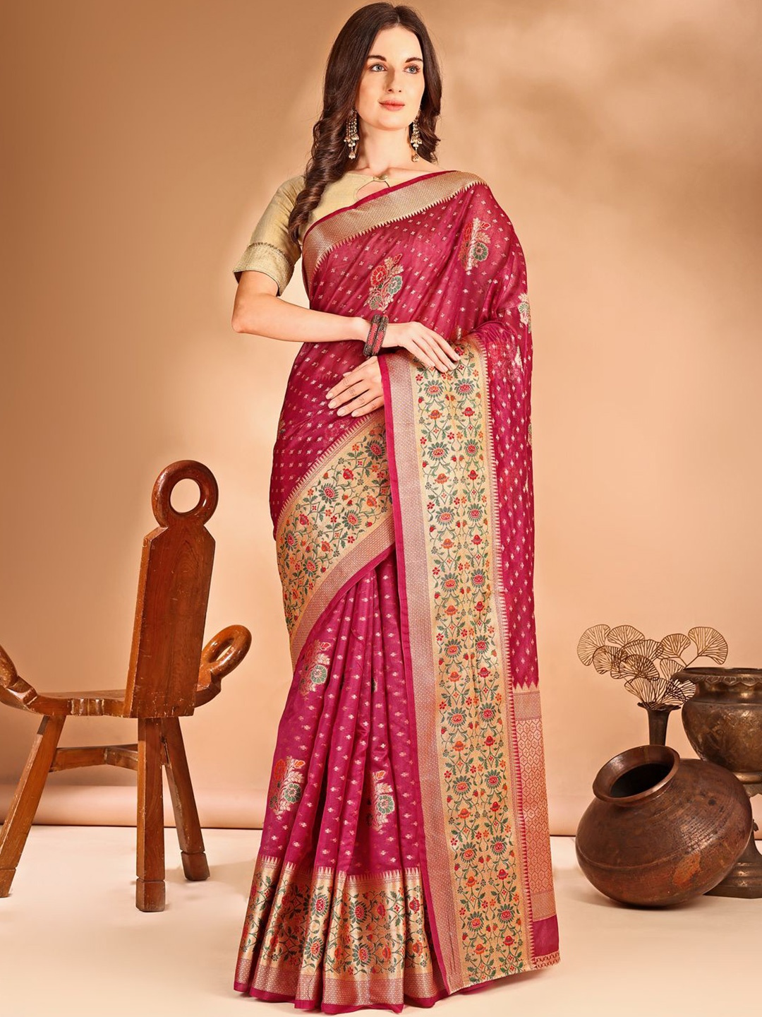 

Anouk Woven Design Organza Designer Paithani Saree, Pink