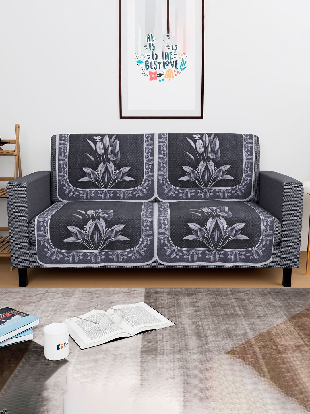 

Kuber Industries Grey 4 Pieces Printed Cotton 2-Seater Sofa Covers With Arms