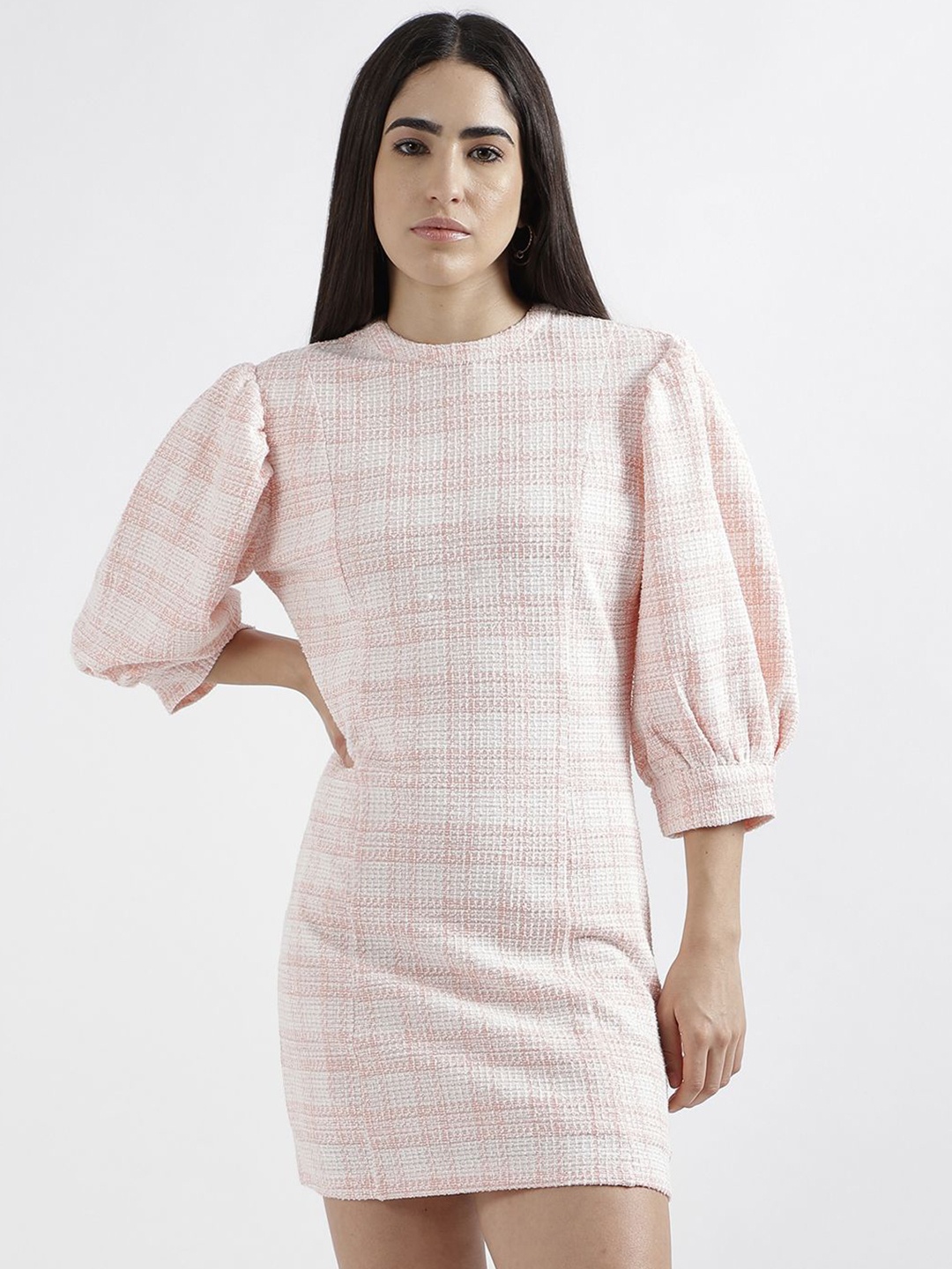 

ELLE Women Checked Puff Sleeve Bodycon Mini Dress, Pink