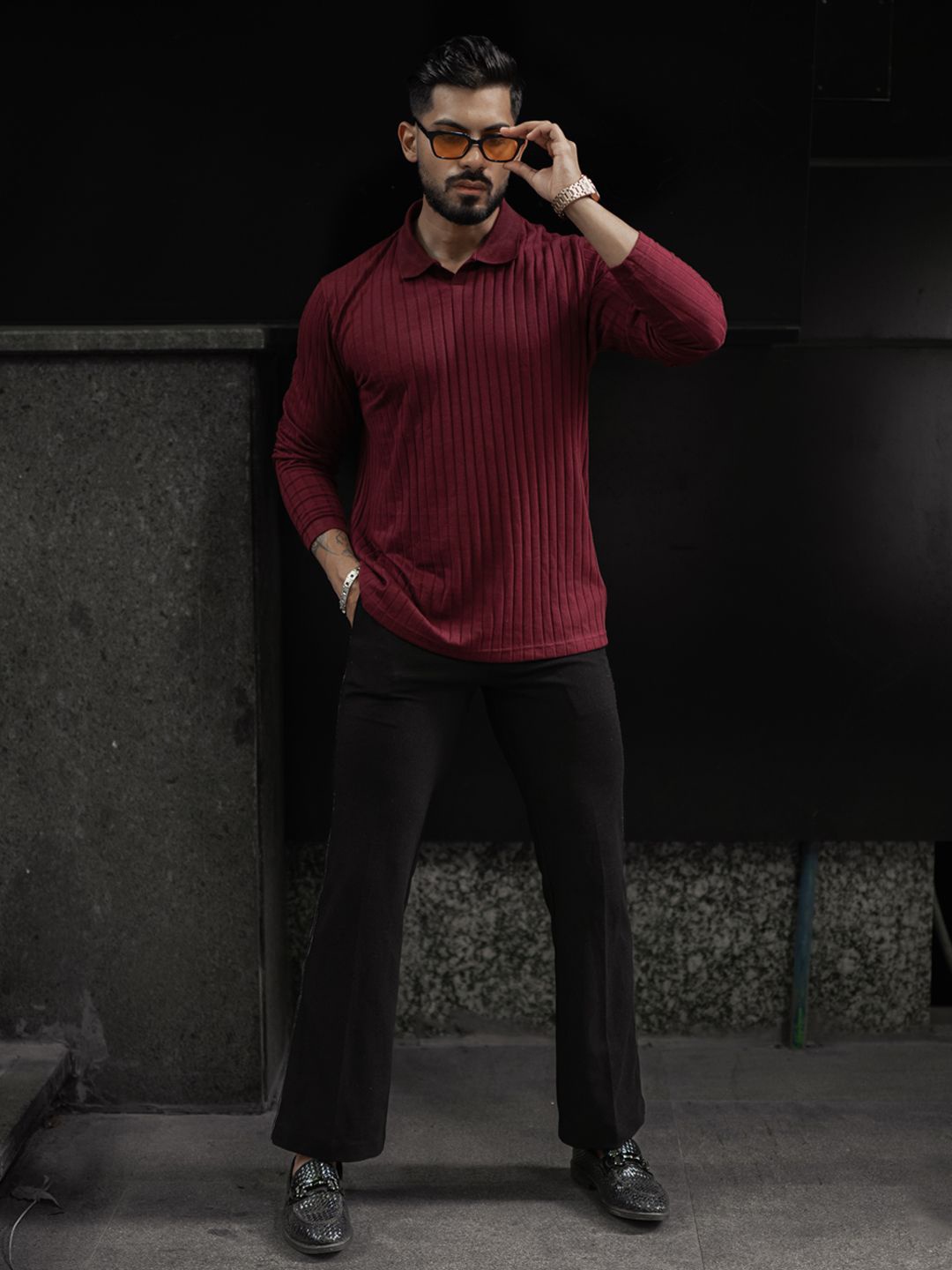 

Powerlook Men Self Design Polo Collar Cotton T-shirt, Maroon