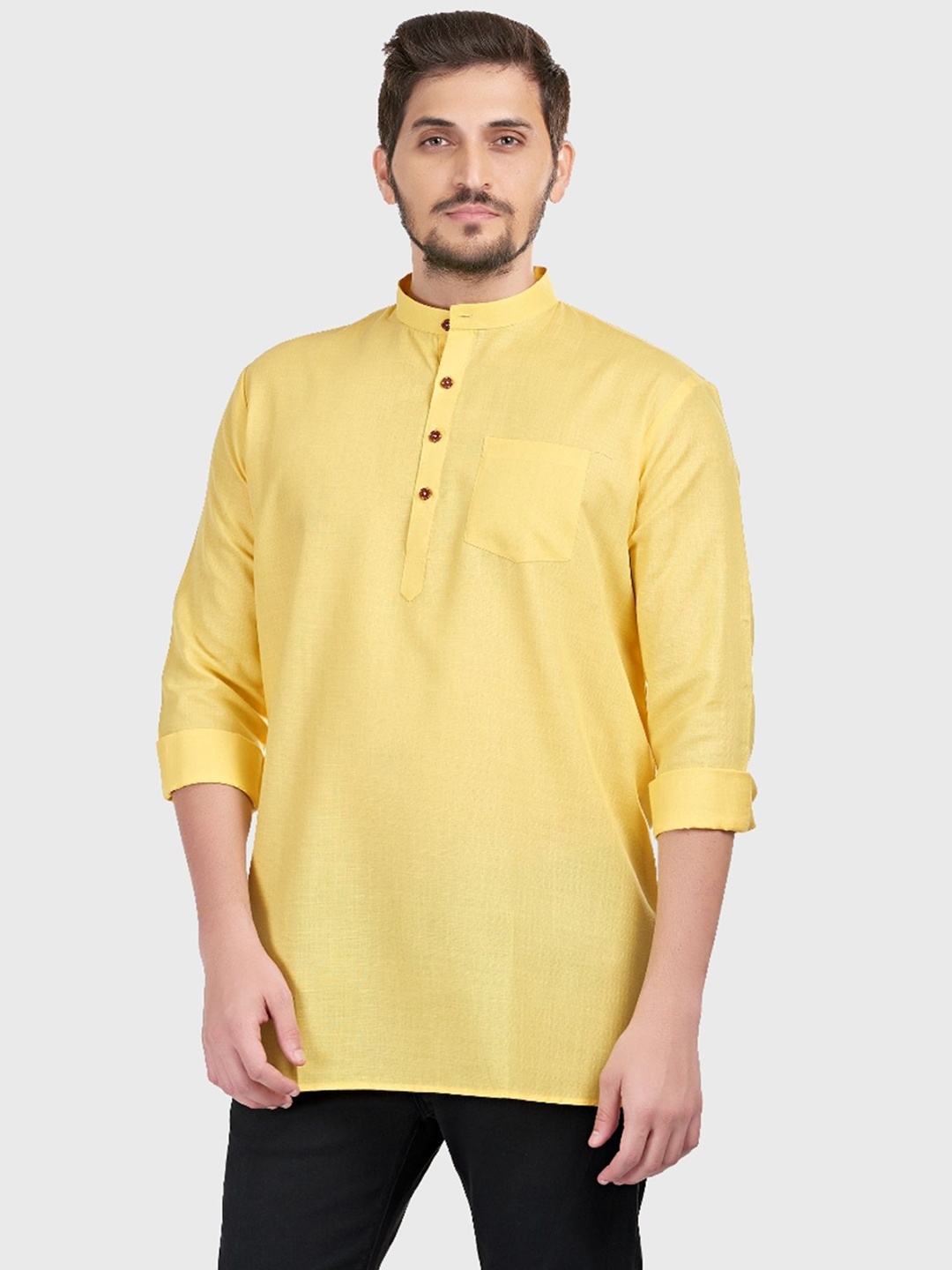 

ENCINO Band Collar Short Cotton Straight Kurta, Yellow