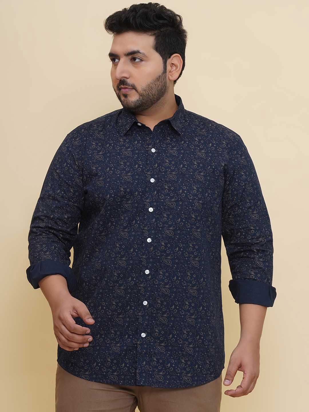 

John Pride Men Spread Collar Floral Printed Cotton Casual Shirt, Navy blue