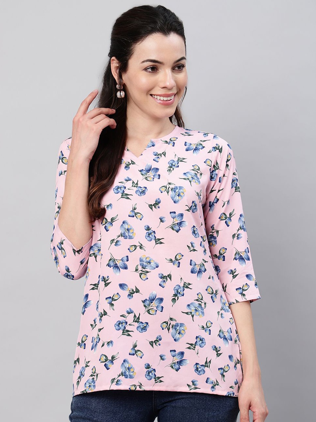 

FLAMBOYANT Women Floral Printed Round Neck Cotton Top, Pink