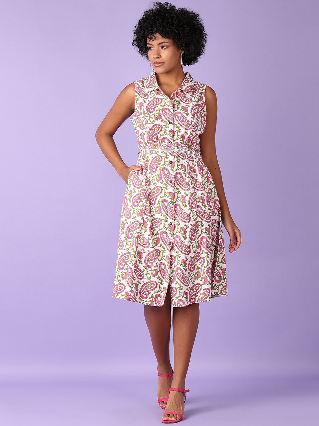 

V-Mart Women Ethnic Motifs Printed Cotton Sleeveless A-Line Midi Dress, Pink