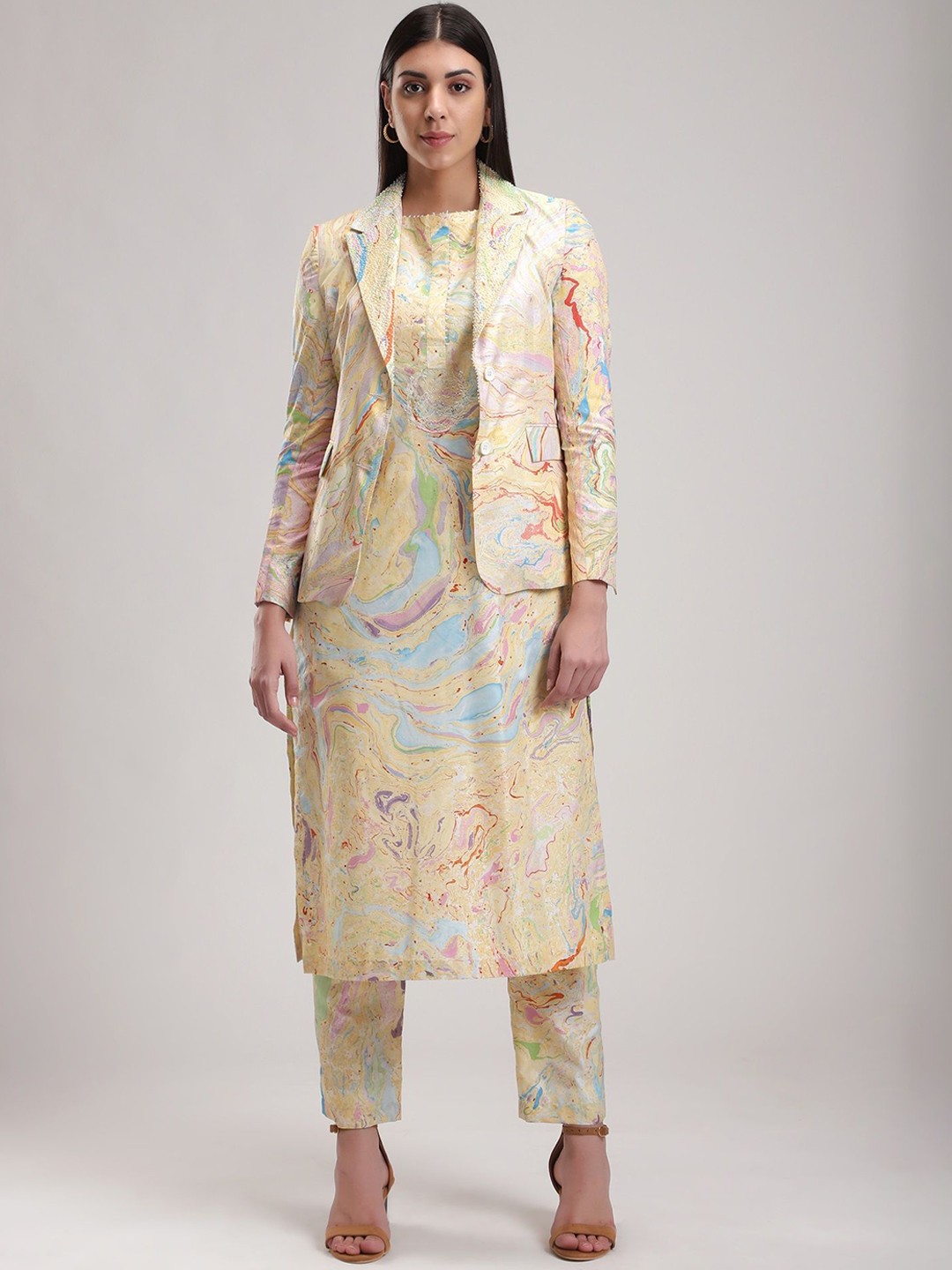 

BETRUE Women Abstract Printed Silk Tailored Jacket, Cream