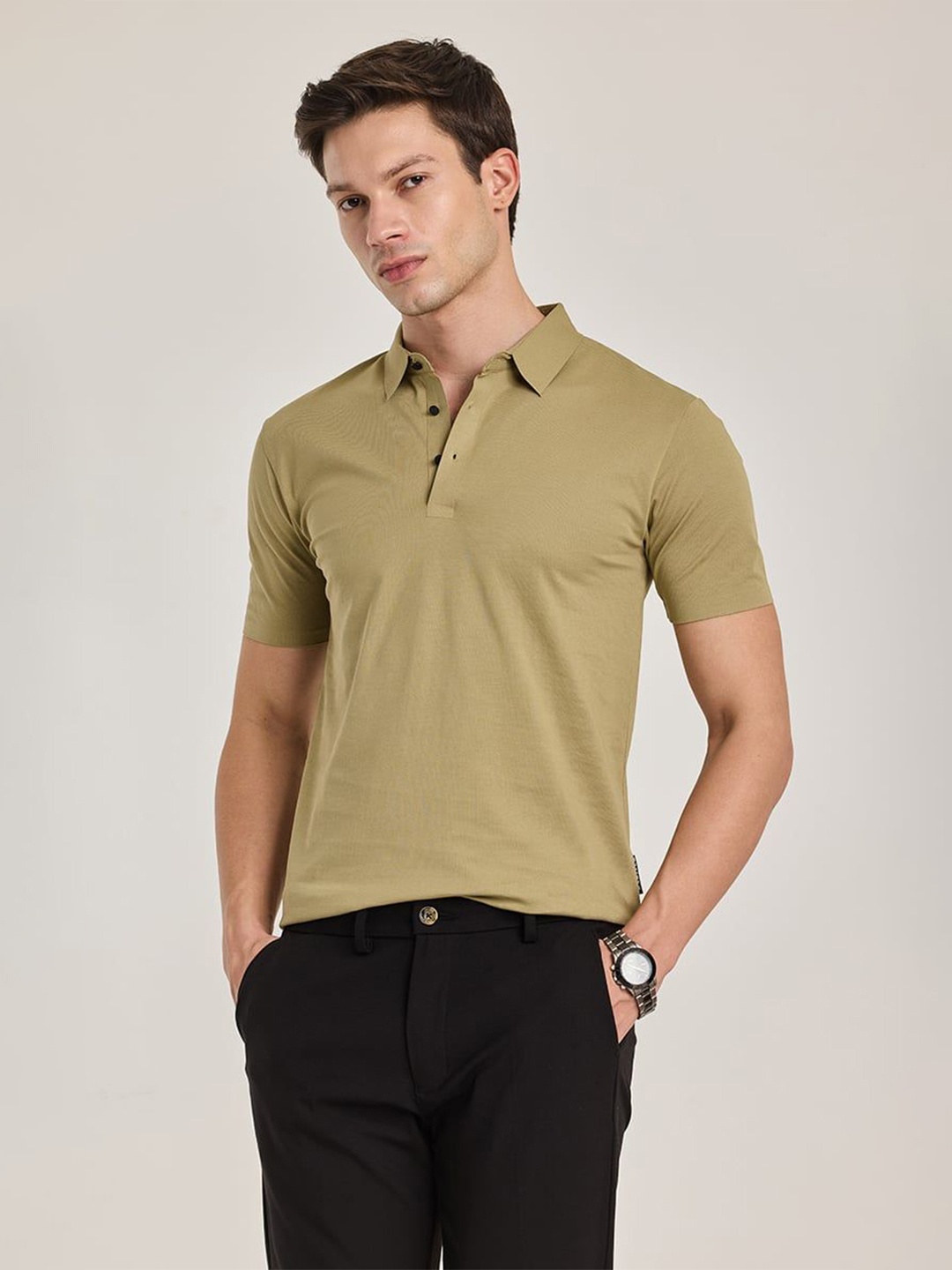 

Snitch Men Solid Polo Collar Nylon Slim Fit T-shirt, Olive