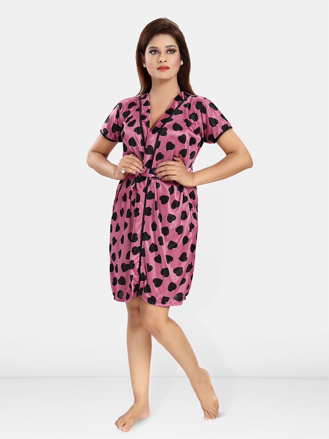 

Be You Women Conversational Printed Wrap Nightdress, Purple