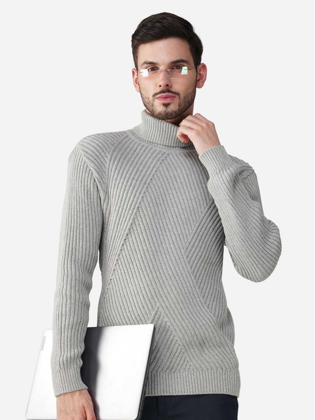

JoE Hazel Men Ribbed Turtle Neck Pullover Cotton Sweaters, Grey