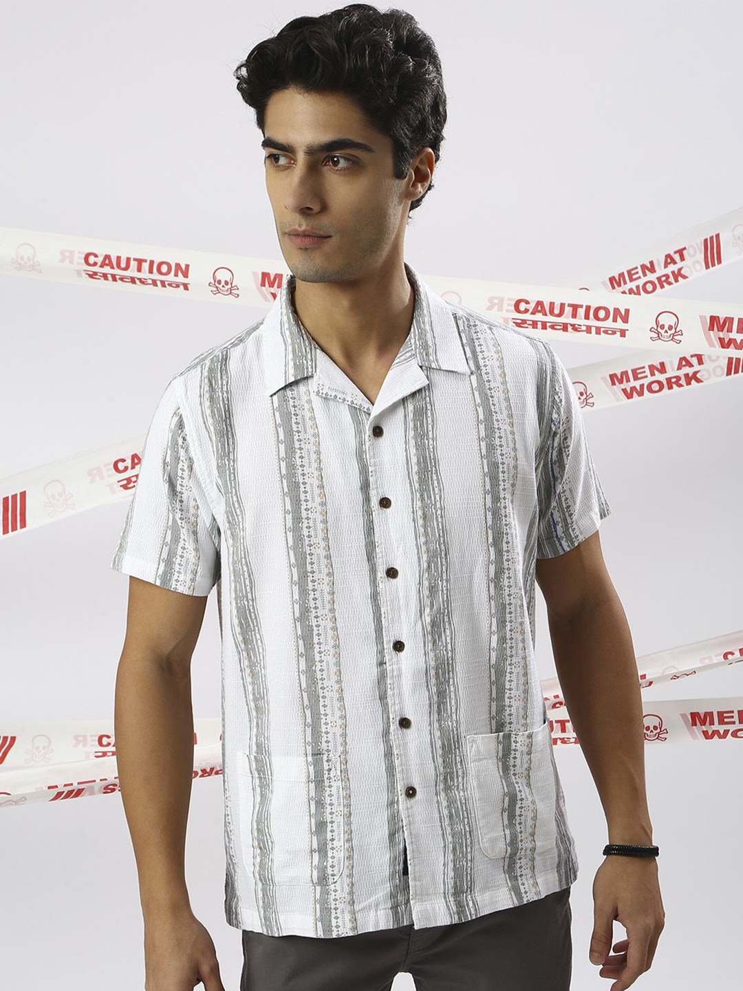 

VALEN CLUB Men Premium Cuban Collar Graphic Printed Cotton Casual Shirt, White