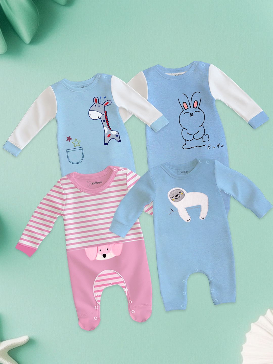 

Kidbea Infant Kids Pack of 4 Printed Rompers, Pink