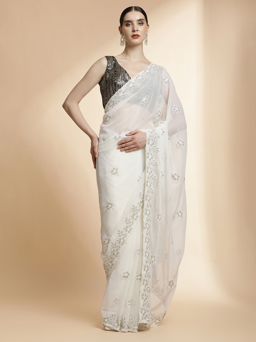 

Jaipur Kurti Party Wear Embroidered Pure Georgette Saree, White