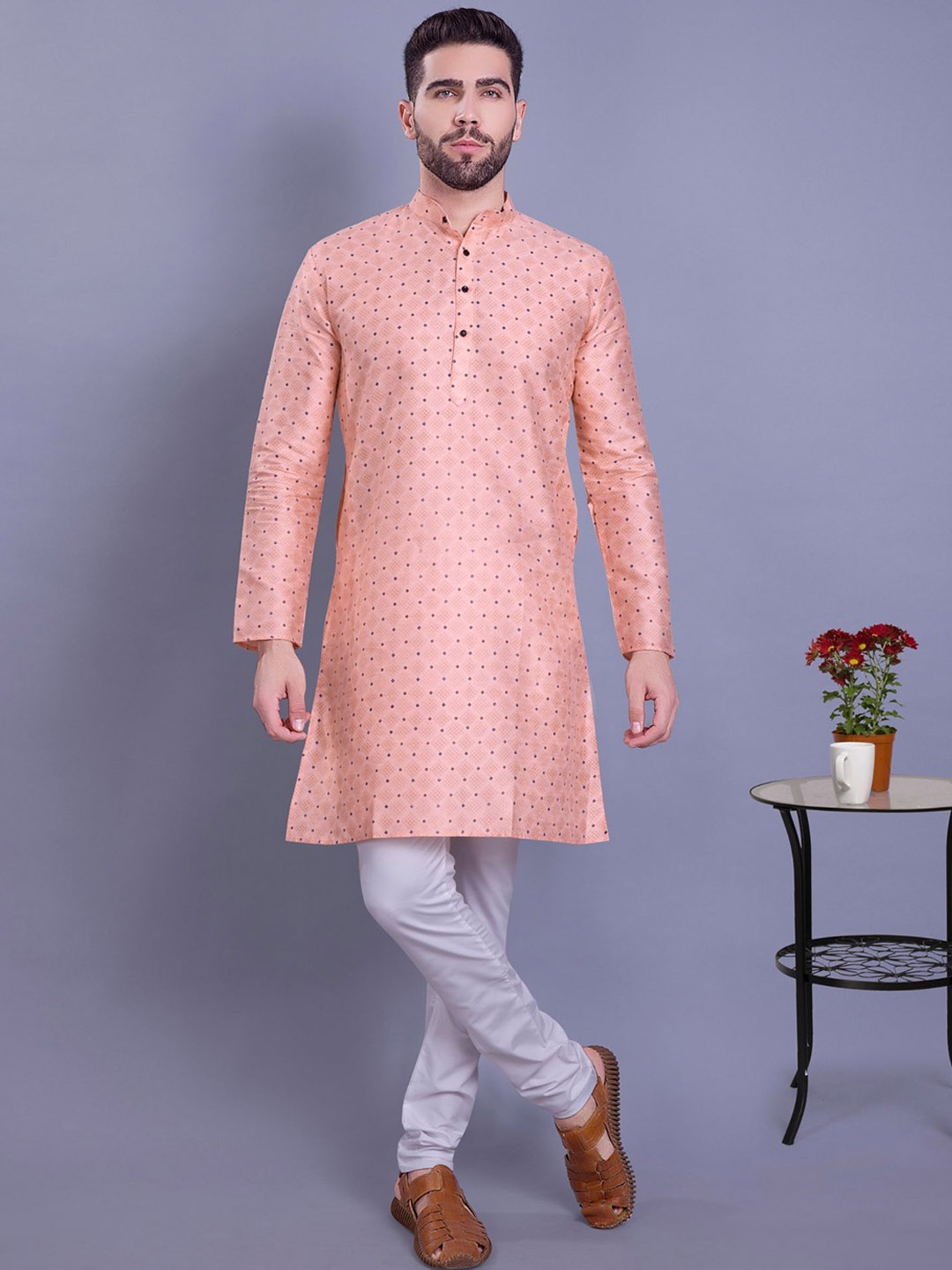 

ENCINO Geometric Printed Mandarin Collar Silk Straight Kurta, Peach