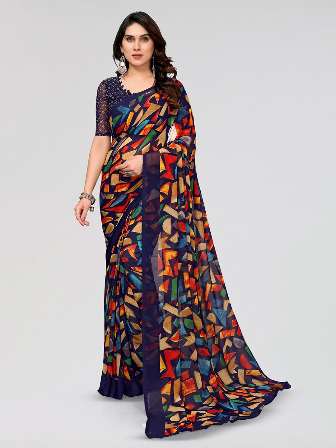 

ANAND SAREES Geometric Printed Saree, Navy blue