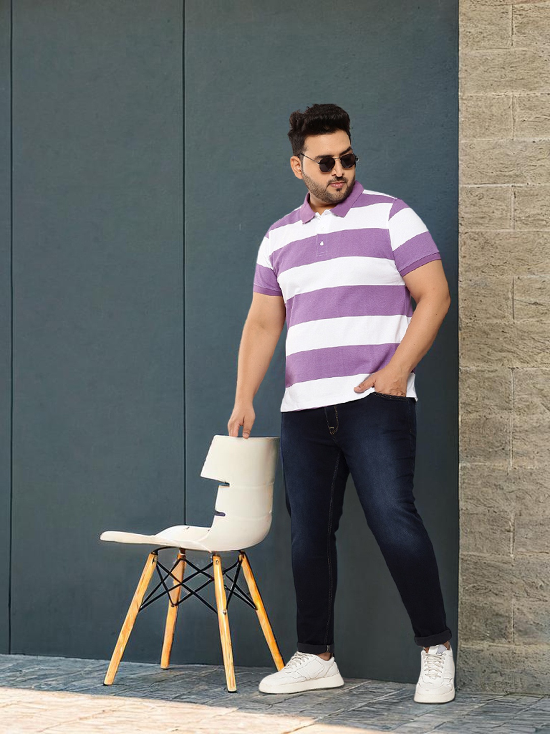 

Sztori Plus Size Striped Pure Cotton Polo Collar T-shirt, White