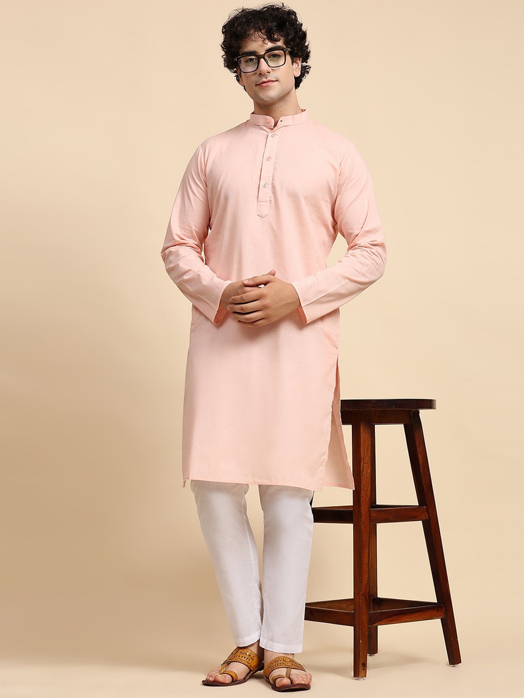 

SKAVIJ Band Collar Pure Cotton Kurta With Trousers, Pink