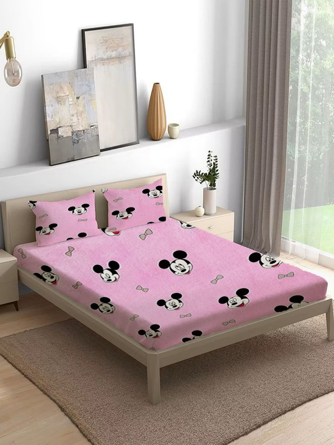 

THE little BIG STORE Pink Printed Cotton140 TC Fitted Queen Bedsheet Set-2.13m x 2.13m