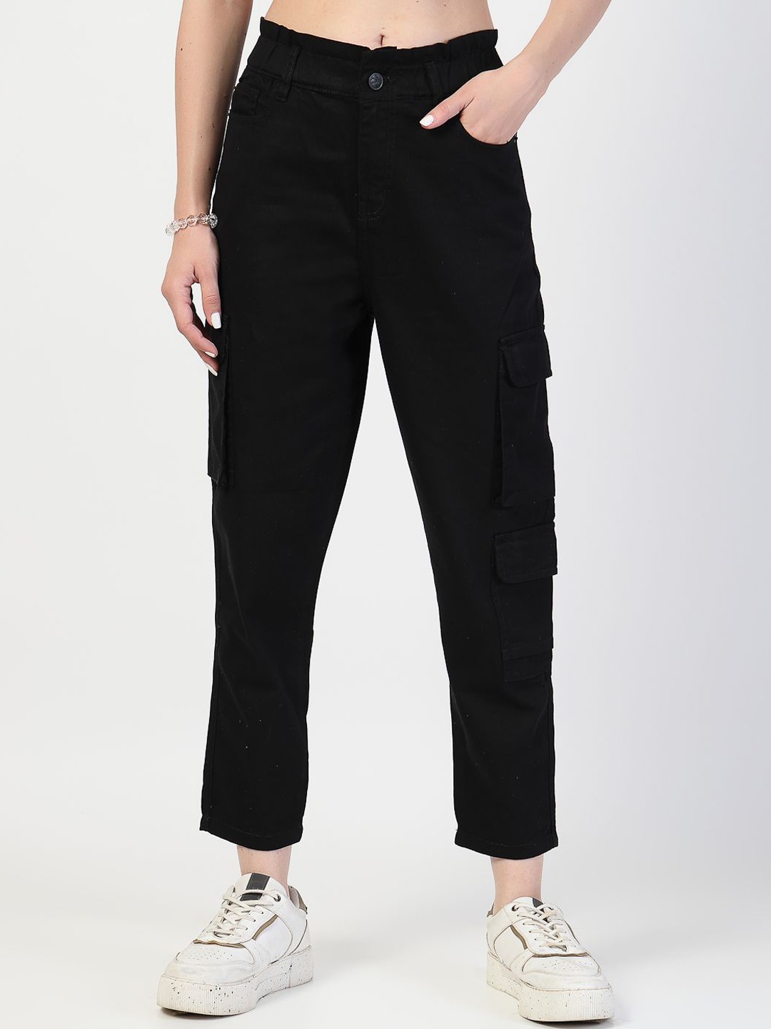 

COSMIC TRIO Women Relaxed Straight Leg Loose Fit Cargos Trousers, Black