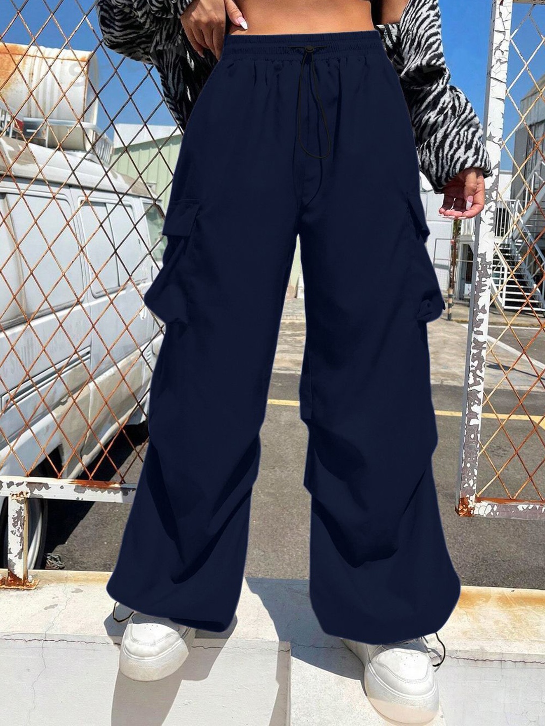 

BUY NEW TREND Women Relaxed Loose Fit High-Rise Cargos Trousers, Navy blue
