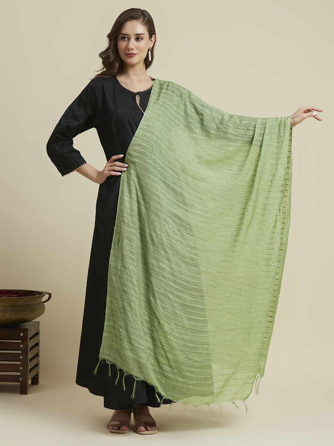 

Dupatta Bazaar Cotton Silk Dupatta with Sequinned, Green