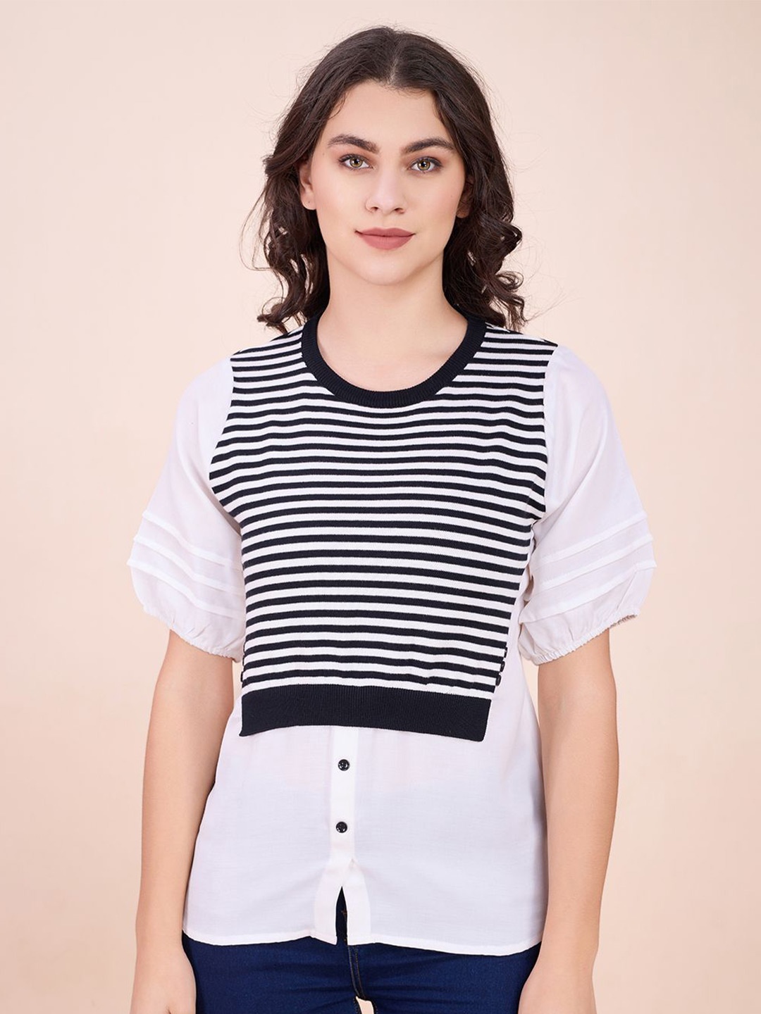 

CARTYSHOP Women Horizontal Striped Round Neck Cotton Top, White