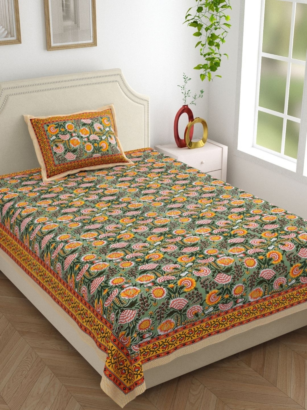 

The Craft Monk Green Floral Pure Cotton 210 TC Single Bedsheet Set-2.28 m x 1.52 m