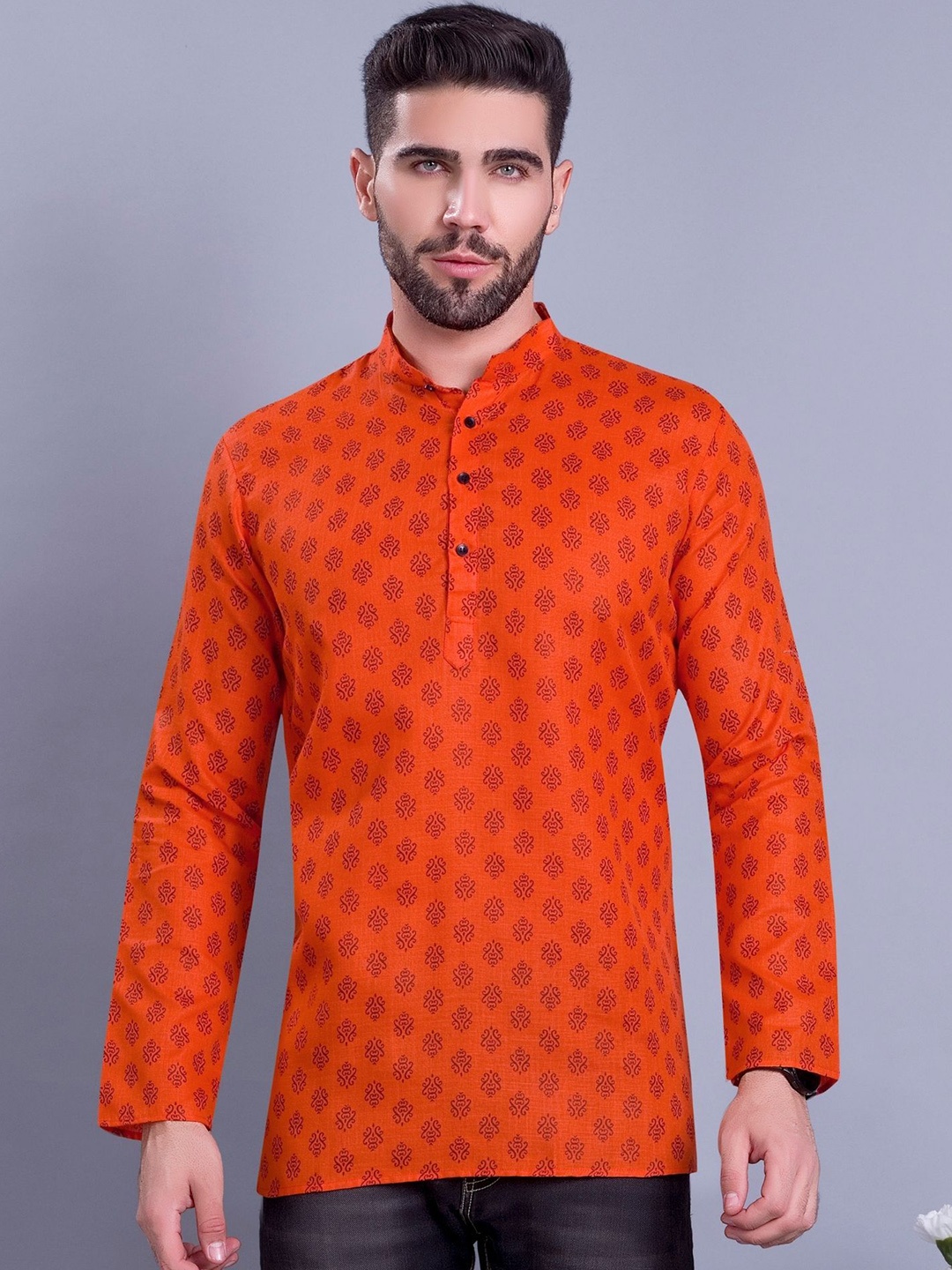 

ENCINO Ethnic Motifs Printed Cotton Short Straight Kurta, Orange