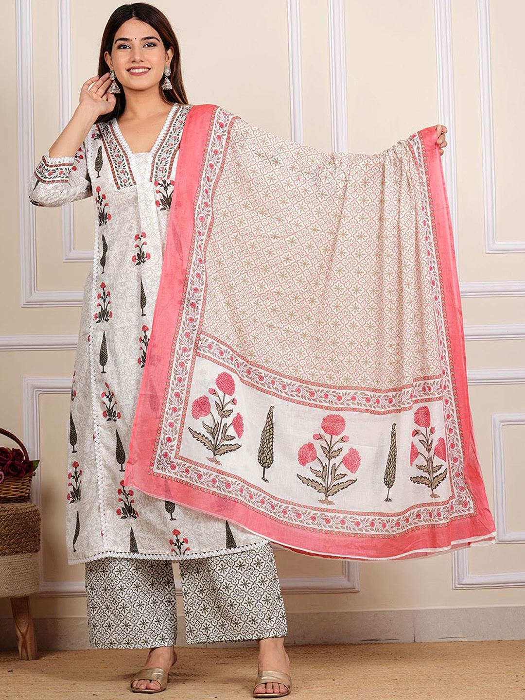 

HEBA Floral Printed Pure Cotton A-Line Kurta With Trouser & Dupatta, White