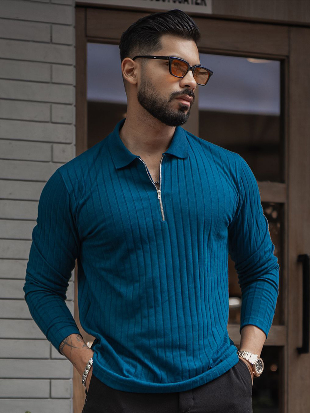 

Powerlook Men Self Design Polo Collar Cotton T-shirt, Blue