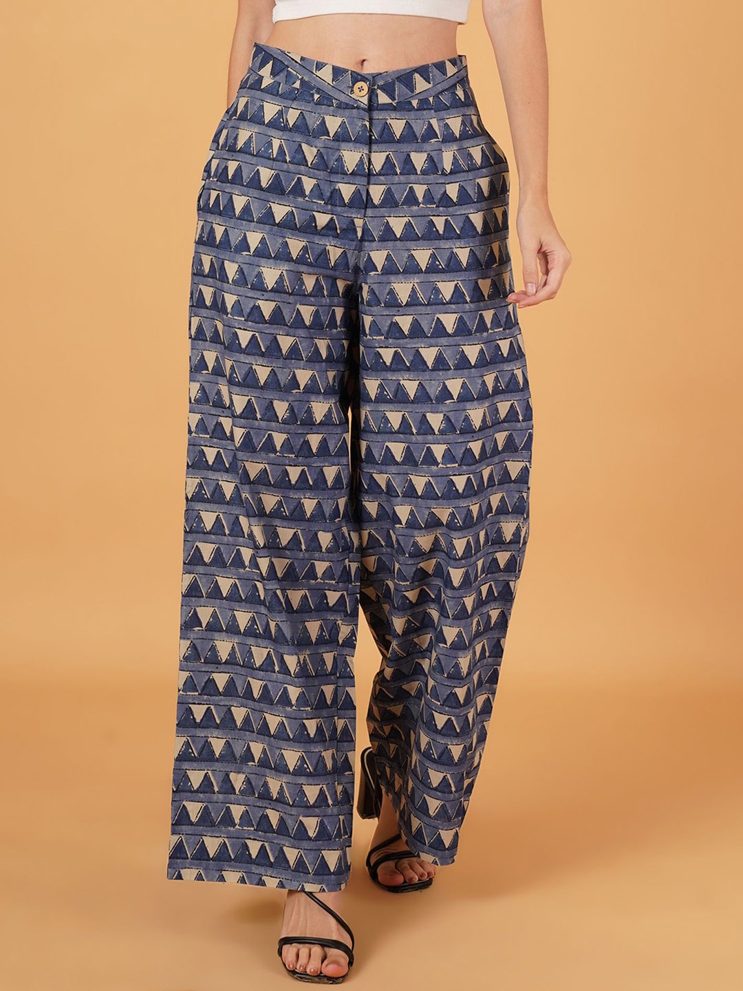

IX IMPRESSION Women Wide Leg Printed Flared Trousers, Navy blue