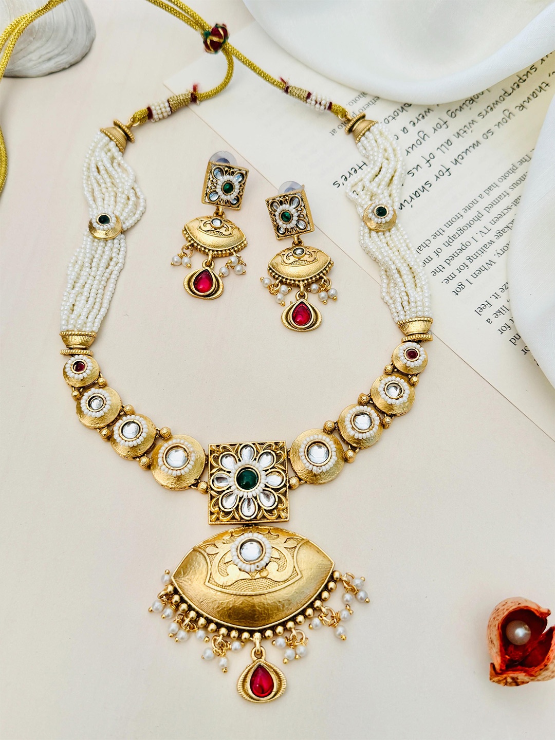 

ABDESIGNS Gold-Plated Kundan-Stones Studded & Pearl-Beaded Jewellery Set