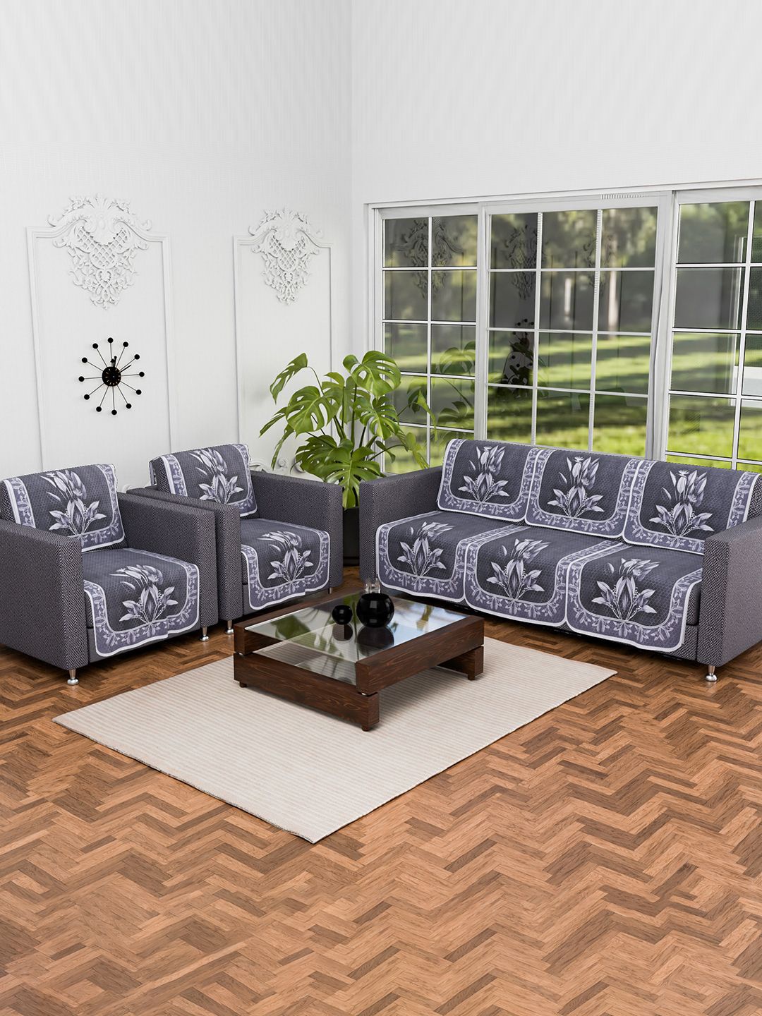 

Kuber Industries Grey 10 Pieces Printed 5-Seater Cotton Sofa Cover
