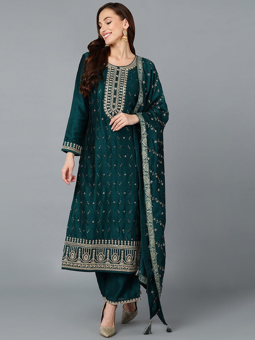 

MAHALASA Women Ethnic Motifs Regular Kurti with Palazzos & With Dupatta, Green